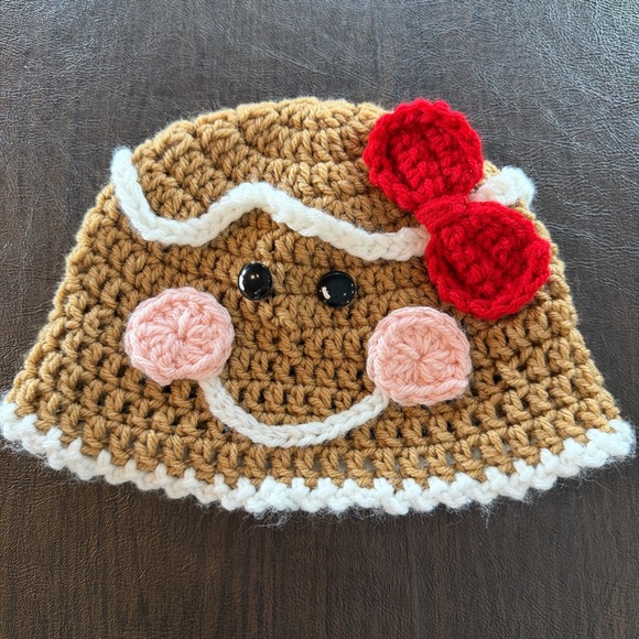 None Other - Adorable Brown Crochet Kids Hat with Red Bow